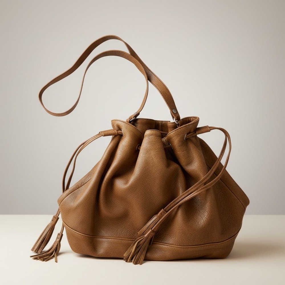 Eileen Fisher Leather Drawstring Bucket Bag Saddle Brown Tassel Crossbody